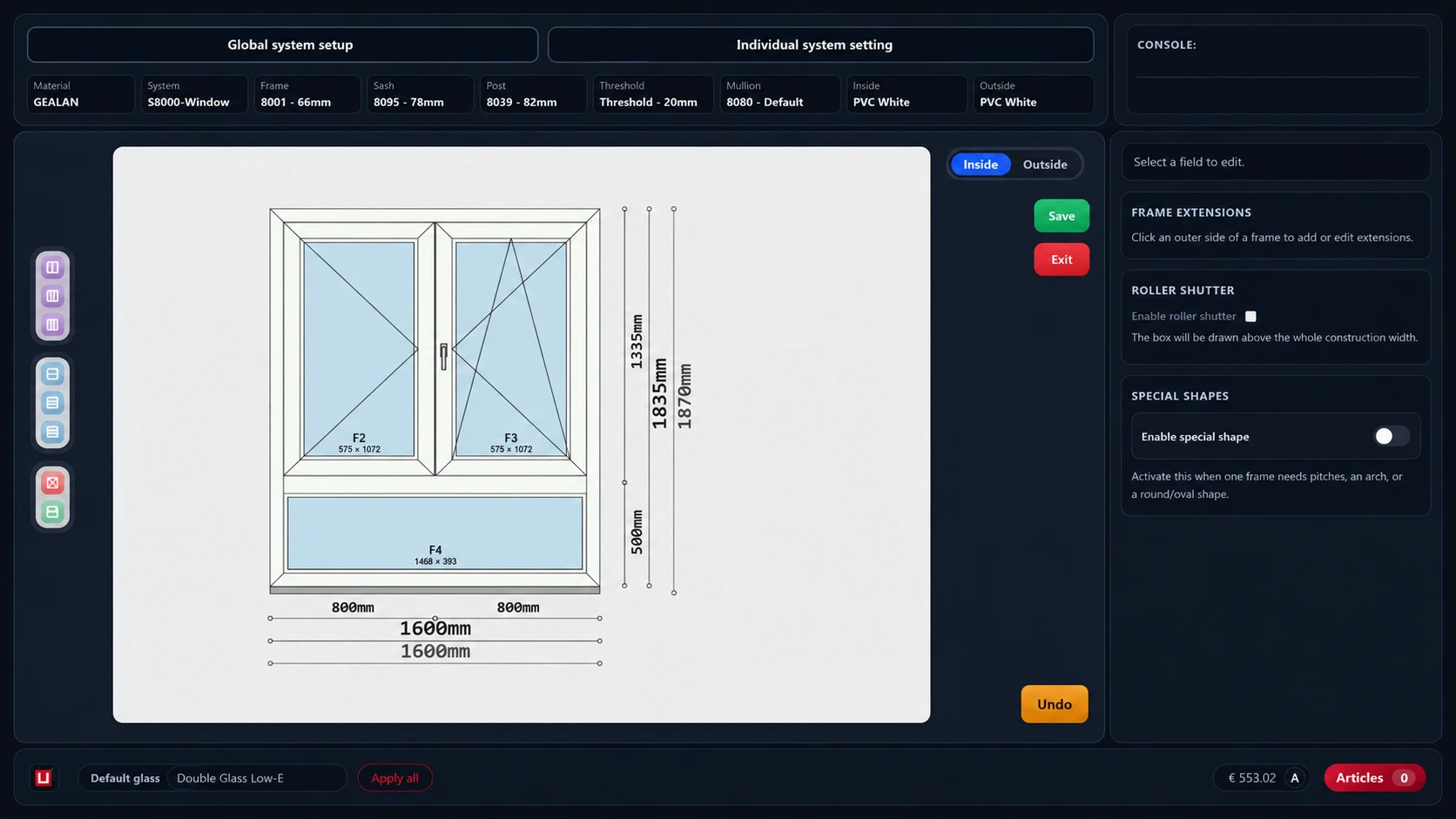 Abstract ULTI Designer drawing interface with window element layout and side controls